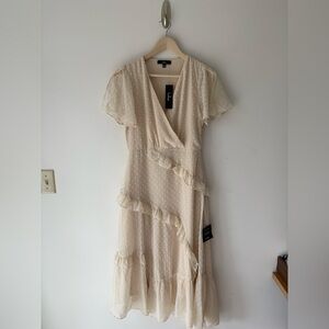 Lulu's Cream Swiss Dot Ruffle Midi Wrap Dress  Asymmetrical Small